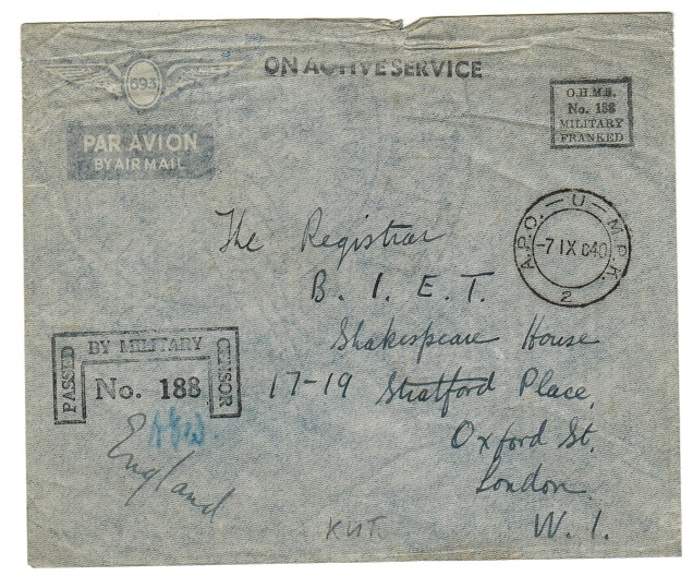 K.U.T. - 1940 military censor cover from APO-UMPK 2.