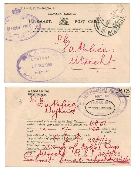 SOUTH AFRICA - 1933 OHMS reminder postcard sent locally with OFFICIAL FREE h/s.