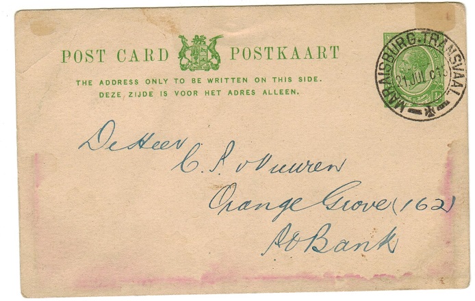 SOUTH AFRICA - 1913 1/2d green PSC addressed locally used at MARAISBURG TRANSVAAL. H&G 1.