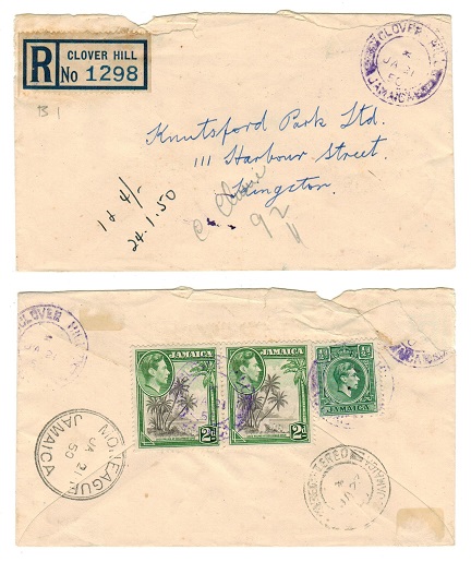 JAMAICA - 1950 4 1/2d rate registered local cover used at CLOVER HILL.