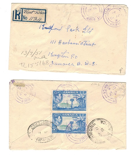 JAMAICA - 1951 registered 6d rate local cover used at FLINT RIVER.