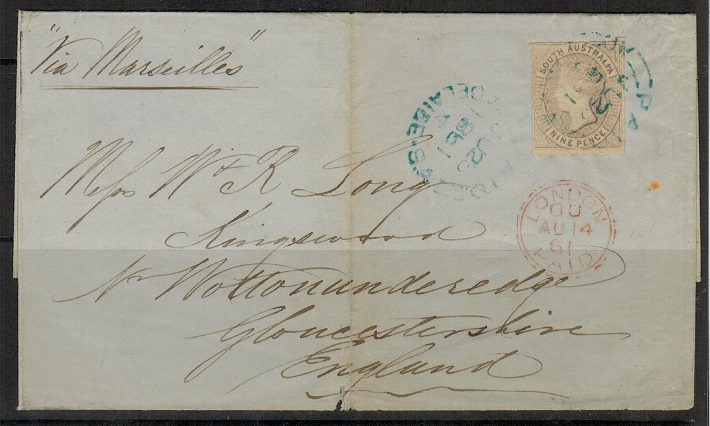 SOUTH AUSTRALIA - 1861 9d rate cover to UK.