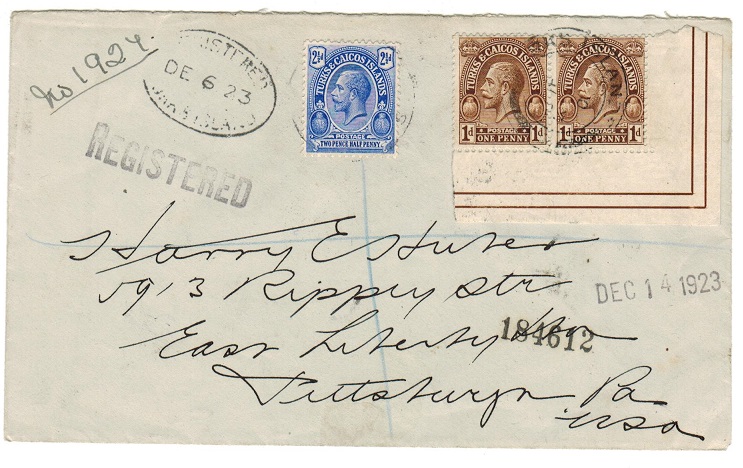 TURKS AND CAICOS IS - 1923 4 1/2d rate registered cover to USA.