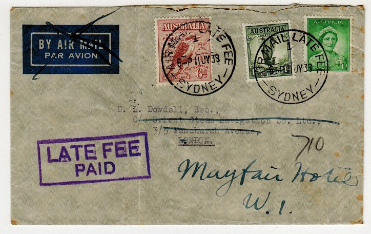 AUSTRALIA - 1938 LATE FEE PAID cover to UK.