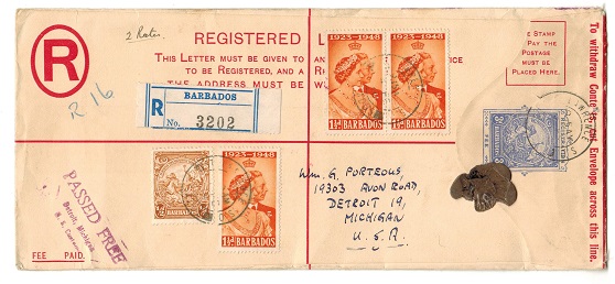 BARBADOS - 1938 3d blue RPSE uprated to USA used at ST.LAWRERENCE/BARBADOS.  H&G 14a.