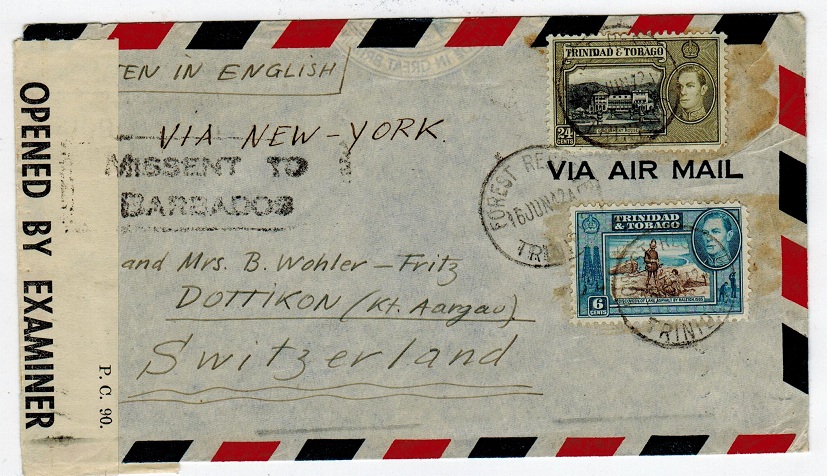 BARBADOS - 1942 censored inward cover with MISSENT TO BARBADOS h/s.