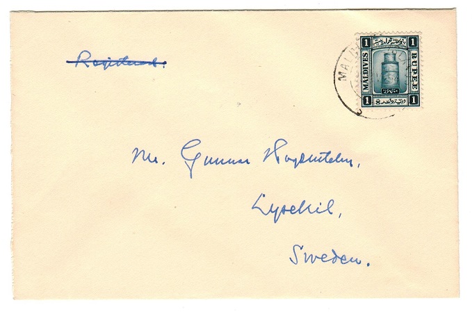 MALDIVE ISLANDS - 1954 cover to Sweden with 1d deep blue tied MALDIVE ISLANDS.