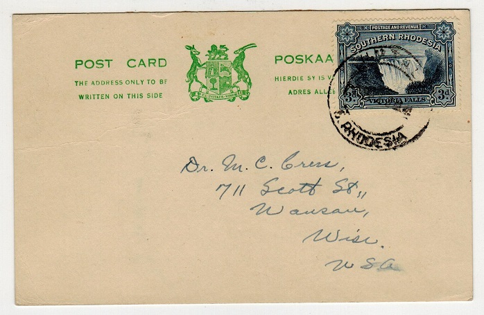 SOUTHERN RHODESIA - 1950 3d rate postcard use to USA from UMTALI.