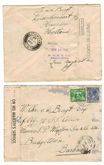 BARBADOS - 1939 inward cover from Netherlands with scarce POST OFFICE censor label.