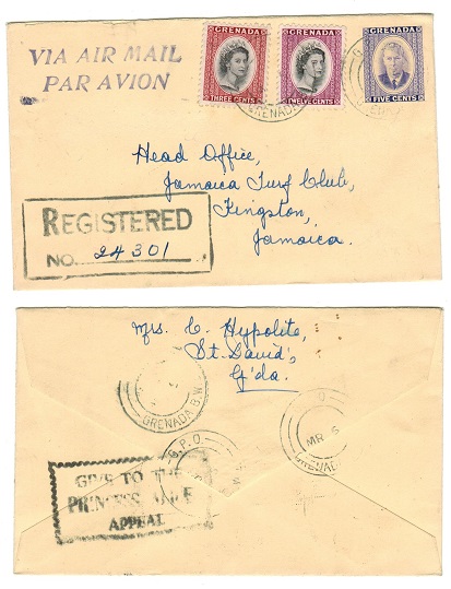 GRENADA - 1951 5c PSE uprated for registration to Jamaica with PRINCESS ALLICE APPEAL h/s. H&G 3.