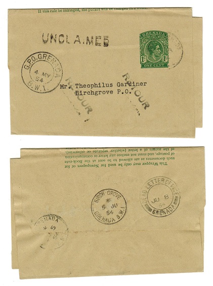 GRENADA - 1949 1c green stationery wrapper used locally with UNCLAIMED and RETOUR h/s
