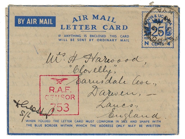 K.U.T. - 1943 (circa) 25c blue air letter card to UK used at ELDORET with RAF censor.