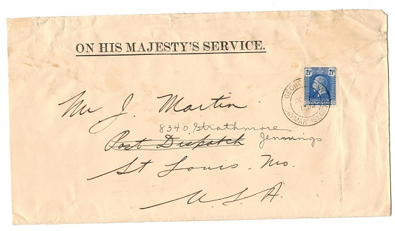 CAYMAN ISLANDS - 1932 OHMS cover to USA with 2 1/2d tied GEORGETOWN.