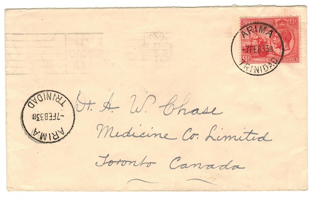 TRINIDAD AND TOBAGO - 1933 1 1/2d rate cover to Canada used at ARIMA.