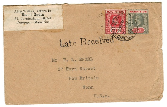 MAURITIUS - 1931 15c rate cover to USA from PILLAR POST BOX with LATE RECEIVED h/s.