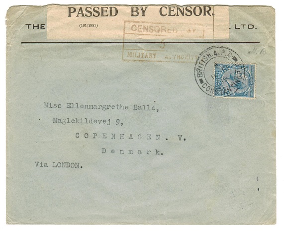 BRITISH LEVANT - 1919 2 1/2d rate military censor cover to Denmark.