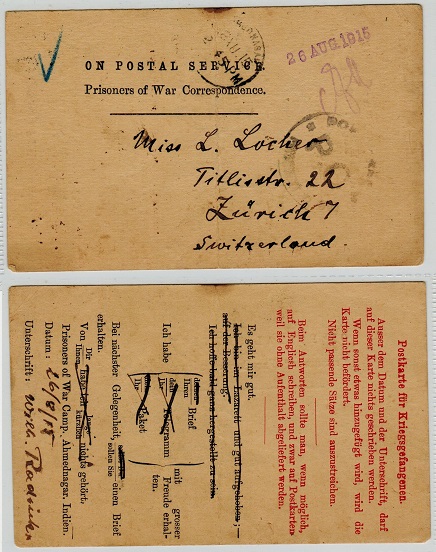 INDIA - 1915 ON POSTAL SERVICE/PRISONER OF WAR pre-printed card (fold) to Switzerland.