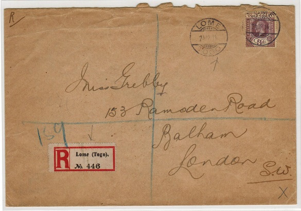 TOGO - 1914 3d rate registered cover to UK used at LOME/TOGO.