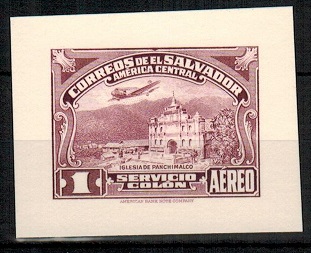 EL SALVADOR - 1937 1col IMPERFORATE PLATE PROOF (SG 879) printed in red-violet.