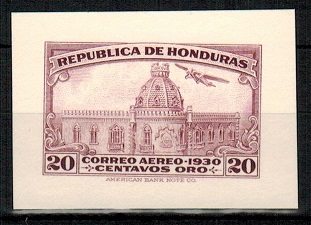 HONDURAS - 1930 20c IMPERFORATE PLATE PROOF (SG 317) printed in red-violet.