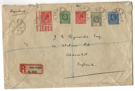 TOGO - 1915 registered cover to UK with Gold Coast un-overprinted adhesives used at LOME.