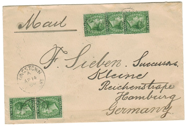 ST.VINCENT - 1899 cover to Germany bearing 1/2d green (x5) making up the 2 1/2d rate.