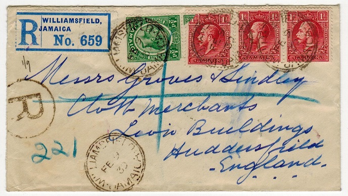 JAMAICA - 1932 registered cover to UK used at WILLIAMSFIELD/JAMAICA.