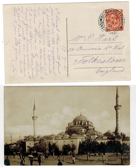 BRITISH LEVANT - 1921 postcard use to UK with 2d un-overprinted adhesive used at CONSTANTINOPLE.