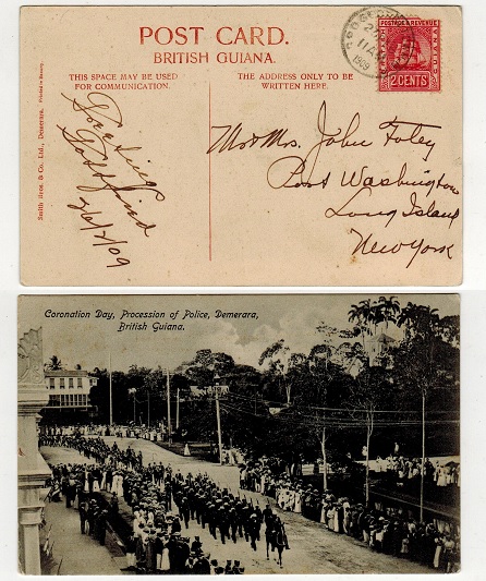 BRITISH GUIANA - 1909 2c rate use of postcard to USA from GEORGETOWN.