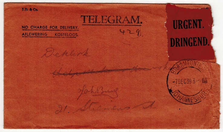 SOUTH AFRICA - 1939 TELEGRAM envelope used locally with red URGENT label applied.