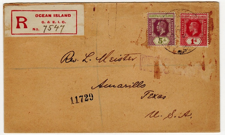 GILBERT AND ELLICE IS - 1921 registered cover to USA used at OCEAN ISLAND.