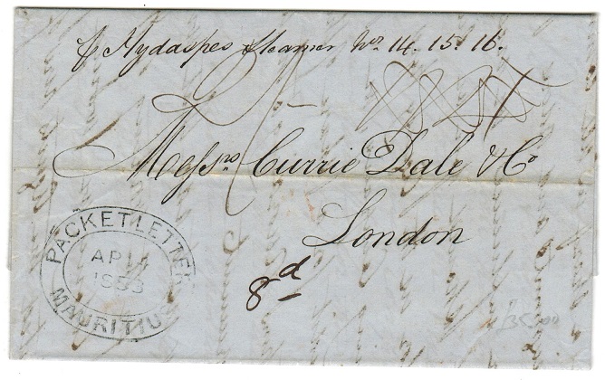 MAURITIUS - 1853 PACKET LETTER/MAURITIUS entire.