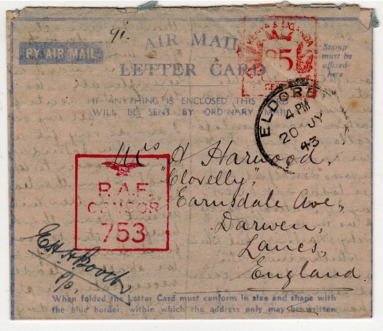 K.U.T. - 1943 FORMULA letter card to UK censored by R.A.F.