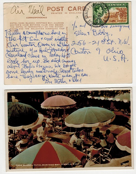JAMAICA - 1955 4d rate postcard used to USA from WHITE SANDS BEACH.