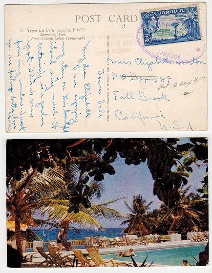 JAMAICA - 1950 (circa) 3d rate postcard to USA used from TOWER ISLE with TRD cancel.