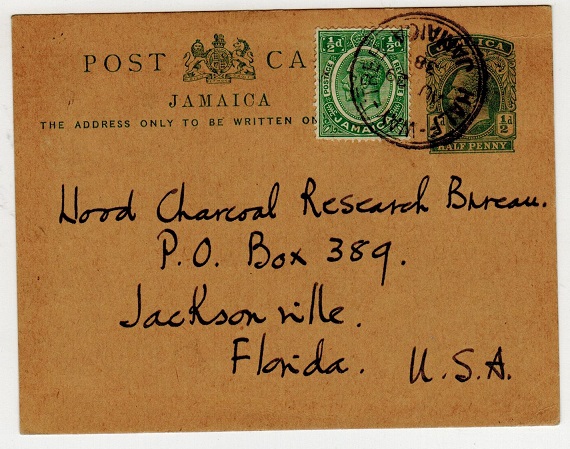 JAMAICA - 1912 1/2d green uprated PSC to USA used at HALF WAY TREE.  H&G 25.