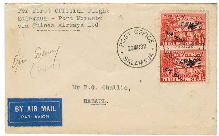 NEW GUINEA - 1932 pilot signed first flight cover to Rabaul from Salamaua.