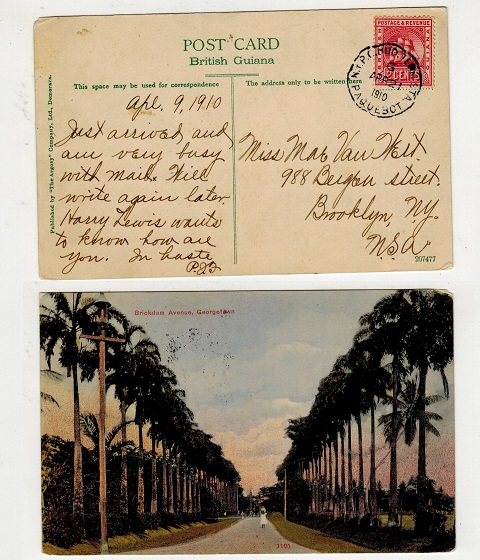 BRITISH GUIANA - 1910 postcard use to USA with 2c tied N.Y.P.O.HUD.TERM.STA/PAQUEBOT.