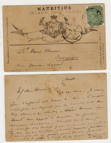MAURITIUS - 1895 FORMULA postcard use with 2c added from CUREPIPE.  H&G 3.