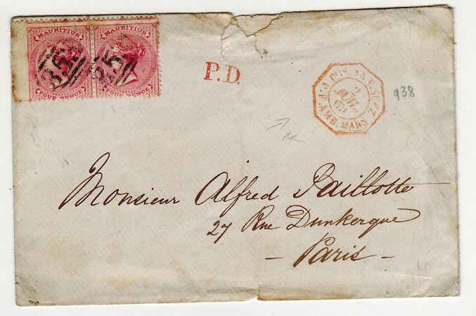 MAURITIUS - 1869 8d rate cover to France.