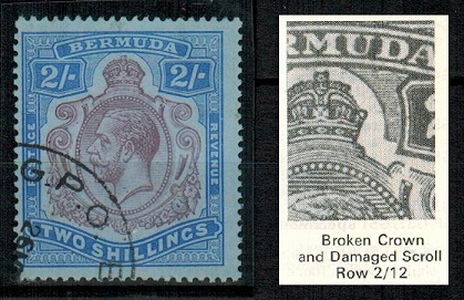 BERMUDA - 1920 2/- purple and blue/blue used with BROKEN CROWN AND SCROLL variety.  SG 51bb.