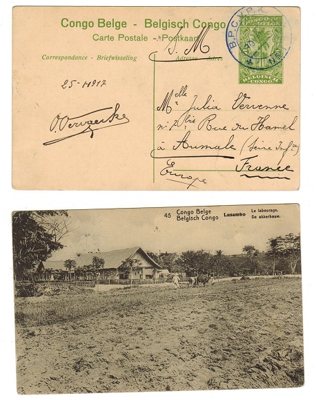 TANGANYIKA - 1912 5c yellow green PSC of Belgian Congo used at B.P.C.V.P./No.1. H&G 43a.