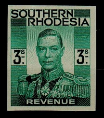 SOUTHERN RHODESIA - 1937 3/- IMPERFORATE PLATE PROOF revenue printed in green.