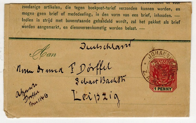 TRANSVAAL - 1899 1d postal stationery wrapper addressed to Germany used at JOHANNESBURG.  H&G 2.
