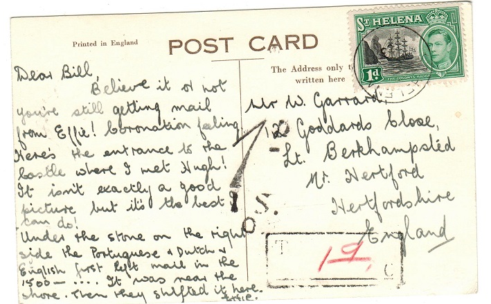 ST.HELENA - 1950 (circa) underpaid postcard to UK with boxed 