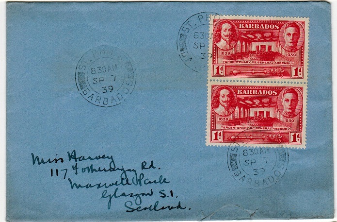 BARBADOS - 1939 2d rate cover to UK used at ST.PETER