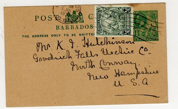 BARBADOS - 1913 1/2d green PSC uprated to USA.  H&G 11b.