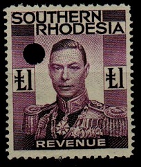 SOUTHERN RHODESIA - 1937 1 purple REVENUE.