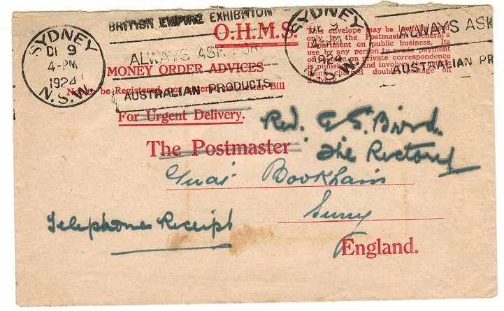 AUSTRALIA - 1924 use of OHMS/MONEY ORDERS ADVICE envelope.