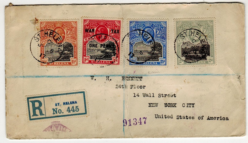 ST.HELENA - 1917 multi franked registered cover to USA with 1d WAR TAX.
